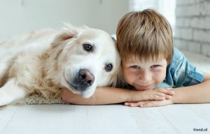 Hond knuffelt met jongetje